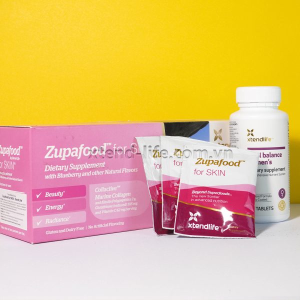 Bộ đôi vitamin tổng hợp và collagen đẹp da cho phụ nữ của Xtend-Life: Total Balance Women’s và Zupafood For SKIN